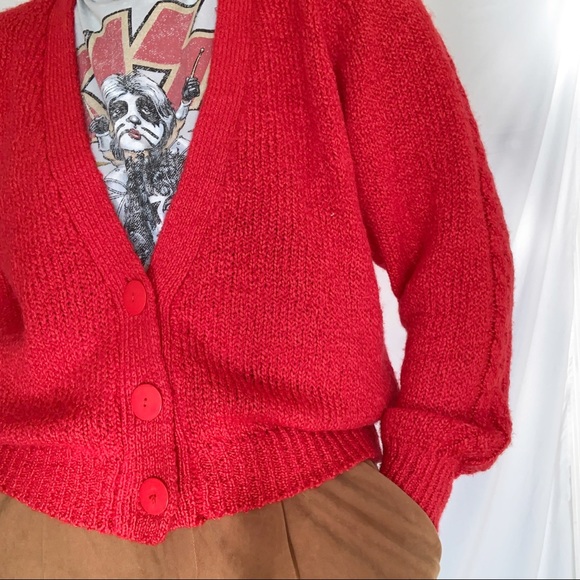 VTG 80s Cherry Red Cable Knit Sleeve Cardigan L - Picture 2 of 10